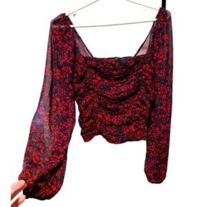 DYNAMITE Red Floral Ruched Long Flounce Puffy Sheer Sleeve Cropped Blouse Top XS